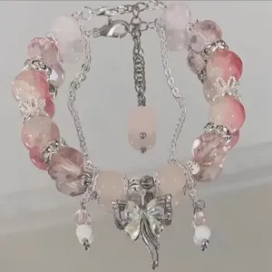 Charming pink crystal bead bracelet with butterfly pendant sweet style jewelry fashion accessories