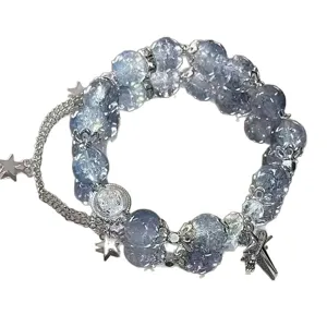 New Chinese style glass bead bracelet with cute star charms, elegant fashion wrist jewelry.