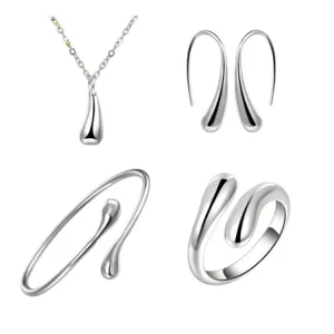 Elegante Zilveren Druppel Sieraden Set Ketting Oorringen Armband Ring Mode Set