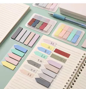 Detail view of Morandi color index sticky notes, transparent plastic page markers for study.