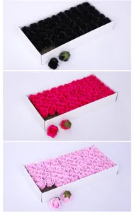 Boxed soap roses artificial flower heads detail view showing multiple color options clearly.