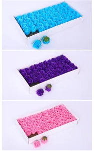 Detail view of 3-layer soap rose flower heads in white box, multi-color packaging display.