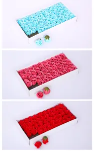 Detailed view of 3-layer artificial soap rose flower heads in boxes, vibrant multi-color display.