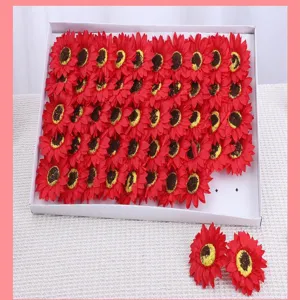 Red artificial sunflower heads detailed view, perfect for bouquet gift box packaging and DIY craft projects.