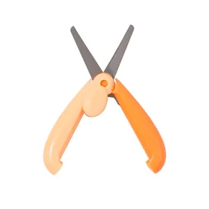 Portable folding mini scissors with dual-color plastic handles and sharp stainless steel blades.
