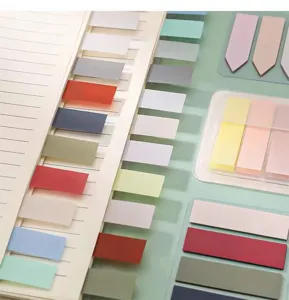 Morandi color sticky index tabs detail view, translucent pastel flags for office study.