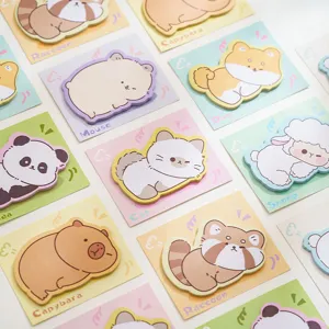 Cute cartoon animal shaped sticky notes, aesthetic pastel design, memo pads for office.