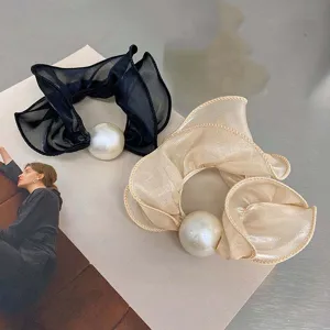 Elegant organza hair scrunchies with large faux pearls and bow ruffles for women fashion