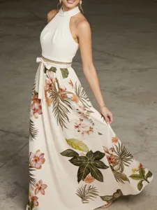 Elegant floral halter maxi dress with waist belt for women summer resort vacation wear