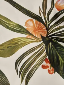 Tropical floral print fabric detail for elegant women's vacation long evening dress spring.