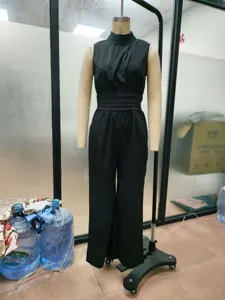 Women summer sleeveless mock neck wide leg jumpsuit solid color casual fashion long pants