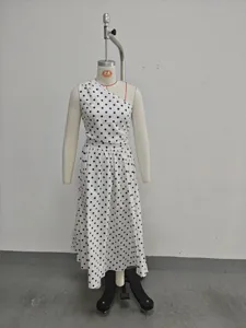 French polka dot one-shoulder halter midi dress, elegant summer A-line long dress for women.
