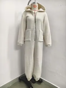 Women fleece hooded jumpsuit with pockets, cozy winter casual loungewear and warm rompers.