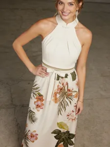 Elegant floral print halter long dress, perfect for summer resort vacation and evening parties.