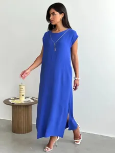 Royal blue sleeveless midi split dress for women, casual summer crewneck tank dress style.