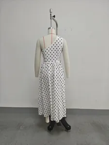 French polka dot one-shoulder halter dress, summer waist-cinching A-line long skirt style.