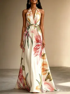 Elegantly designed floral halter long dress featuring a deep V-neckline and beautiful summer style.