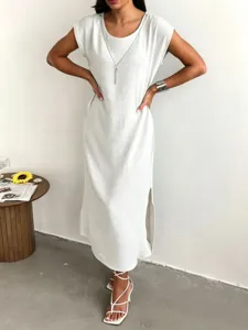 Sleeveless midi dress for women, casual summer solid color split design long dress apparel.