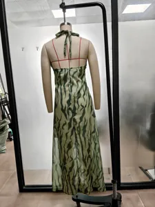 Femme ete halter neck longue robe elegante vacances style vert imprime sans manches maxi robe