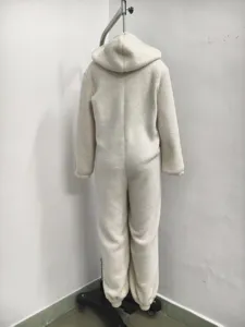 Back view detail of the plush fleece hooded jumpsuit, showing cozy fabric and relaxed fit.