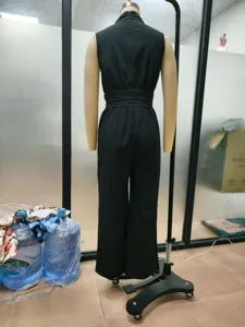 Women's Summer Solid Black Sleeveless High Neck Wide Leg Jumpsuit Casual Long Pants