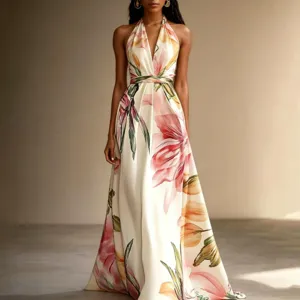 Close-up view of the floral print halterneck long dress, elegant resort style maxi.