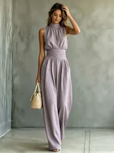 Sleeveless high-neck solid color wide-leg jumpsuit, casual chic long pants for women