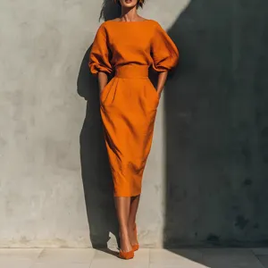 Femme Élégant Vintage Encolure Bateau Manches Longues Ballon Top Et Jupe Midi Plissée Taille Haute Ensemble Tenue Casual Chic