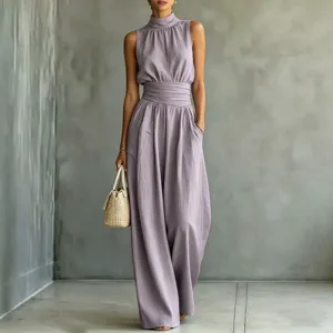 Sleeveless high neck wide leg jumpsuit in soft lilac, elegant casual fit detail view.