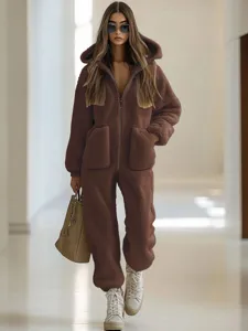 Women autumn winter hooded plush jumpsuit casual teddy fleece long pants with pockets