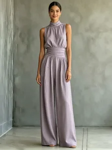 Women sleeveless high neck wide leg jumpsuit solid casual fashion long pants summer chic
