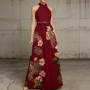 Elegant floral print halter neck maxi evening dress for women summer vacation wear.