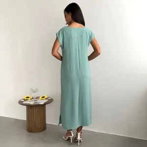 Women Summer Casual Sleeveless Midi Dress Elegant Sage Green Split Hem Long Sundress
