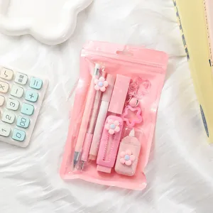 Lindo juego de papelería rosa con flores para estudiantes, bolsa de regalo con bolígrafos.