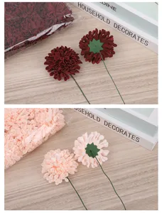 Cabezas de crisantemo de espuma artificial con tallos, vista detallada para decoracion bodas.