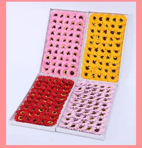 Artificial sunflower soap flower heads set, colorful DIY craft floral bouquet packaging.