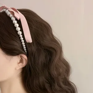 French style pink ribbon bow pearl headband for women sweet and elegant hair accessory