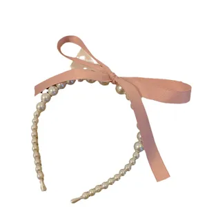 French style pink ribbon bow pearl headband for girls, sweet high-end hair accessory