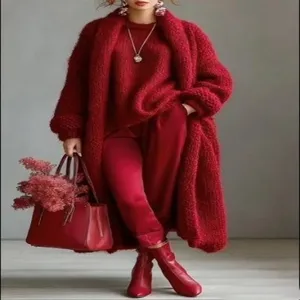 Vue détaillée d'un cardigan long en tricot rouge avec un sac à main rouge coordonné