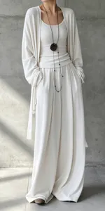 Dettaglio di un completo lounge a tre pezzi in maglia bianca con cardigan lungo e pantaloni larghi