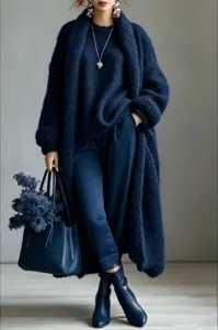 Long gilet en maille pelucheuse bleu marine porté avec une tenue monochrome chic.