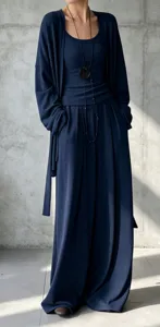 Vista dettagliata di un set 3 pezzi da donna con cardigan blu navy e pantaloni larghi