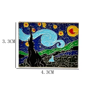 Épinglette en émail Van Gogh La Nuit Étoilée avec dimensions de 4,3 cm x 3,3 cm sur fond blanc