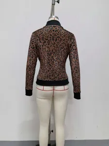 Damen Retro Leopard Muster Slim Fit Reißverschluss Cardigan Herbst Mode Jacke