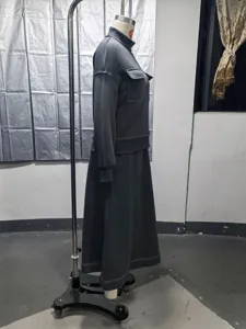 Dark grey high neck knit top and long skirt two piece set, side view detail display.