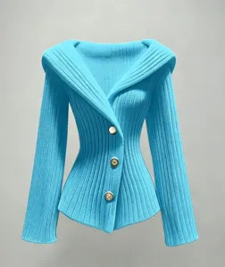 Cárdigan de punto acanalado entallado mujer, jersey cuello V manga larga, top azul vivo.