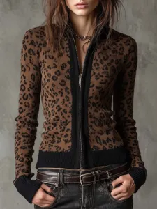 Damen Retro Leopardenmuster Reißverschluss Cardigan schmale Passform Herbst Winter Jacke