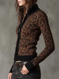 Retro-Leo-Muster Strickjacke mit Reißverschluss für Damen, figurbetont, stylisch.