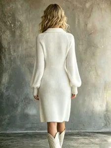 Elegant white knit dress for women, featuring a lapel collar and chic long sleeves.