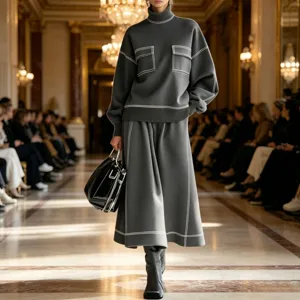 Detail view of a luxury grey knit turtleneck sweater and matching skirt set with white stitching.